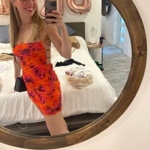 Lulus “Heart on Fire Orange Floral Print Backless Lace-Up Mini Dress”